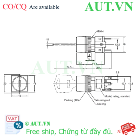 Ảnh của Công tắc nút nhấn Omron A165K-A2M-2 (Dạng chìa khóa, 2 vị trí)