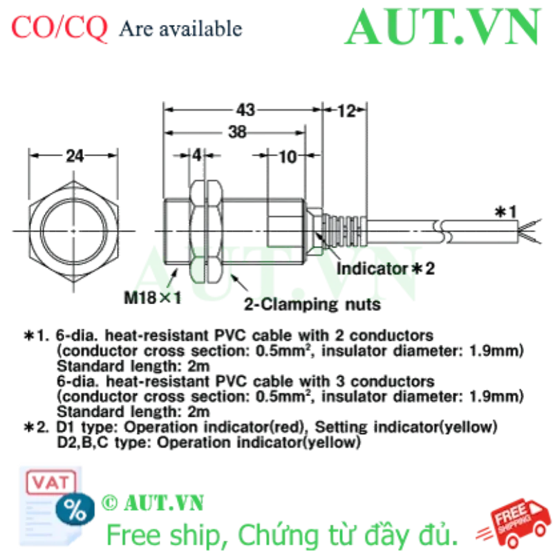 Ảnh của Cảm biến tiệm cận điện dung Omron E2EH-X7D1-T 5M - M18, 2 Dây DC, Khoảng cách 7mm