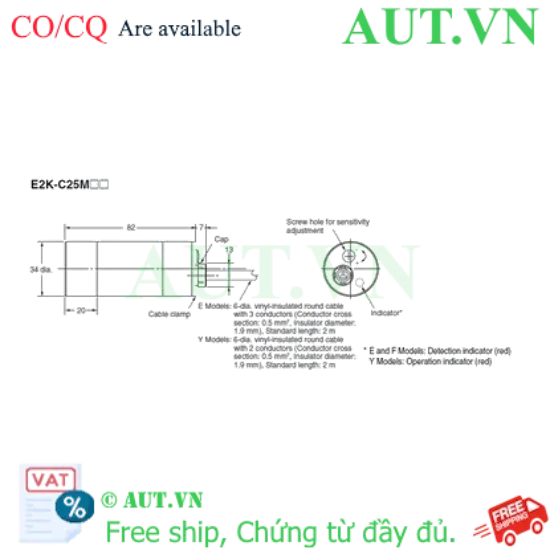 Ảnh của Cảm biến điện dung Omron E2K-C25MF1 5M: Phát hiện phi kim, Khoảng cách 25mm, PNP NO | AUT VN