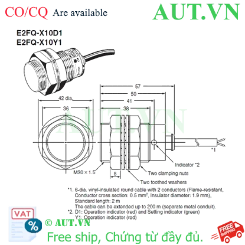 Ảnh của Cảm biến tiệm cận Omron E2FQ-X10D1 5M | M30, 2 Dây DC, 10mm - Siêu Bền