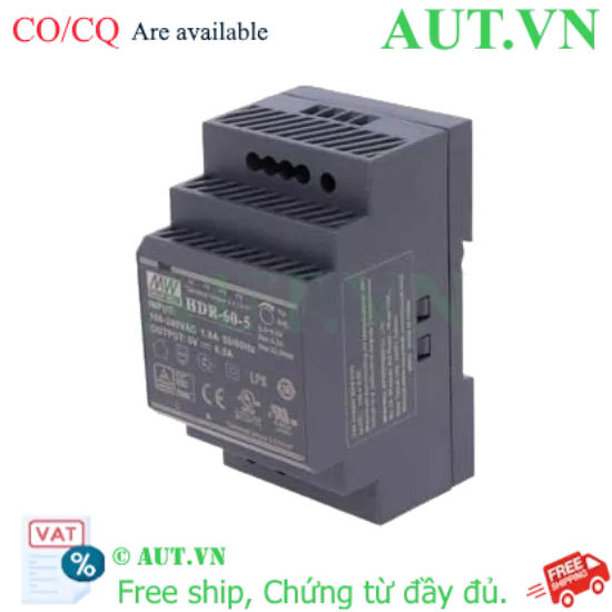 Ảnh của Bộ nguồn MEAN WELL HDR-60-5 (5V-12A-60W) Siêu Mỏng, Lắp Thanh Ray DIN, Độ Bền Cao