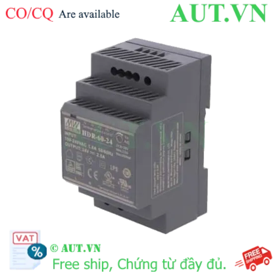Ảnh của Bộ nguồn Mean Well HDR-60-24 (24V-60W) Siêu Mỏng - Lắp Ray DIN - Chính Hãng AUT VN