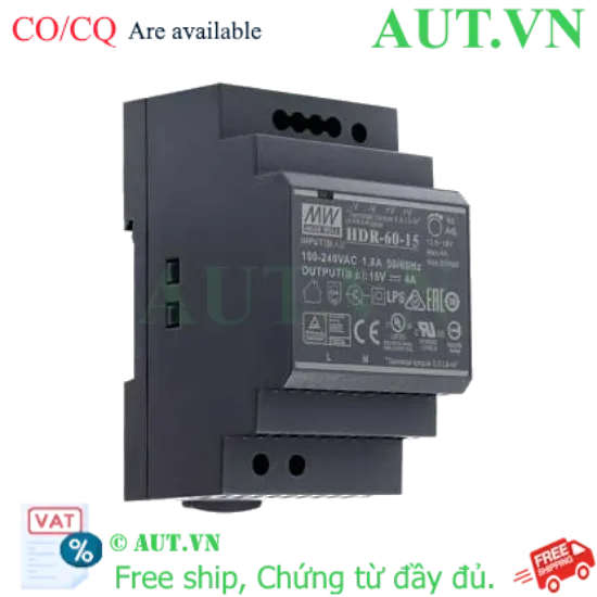 Ảnh của Bộ Nguồn Mean Well HDR-60-15 (15V-4A-60W) Siêu Mỏng, Lắp Ray DIN, Hiệu Suất 89% - AUT VN