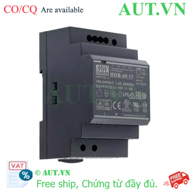 Ảnh của Bộ Nguồn Mean Well HDR-60-15 (15V 4A 60W) - Siêu Mỏng Slim, Lắp Ray DIN, Hiệu Suất 89% - AUT VN