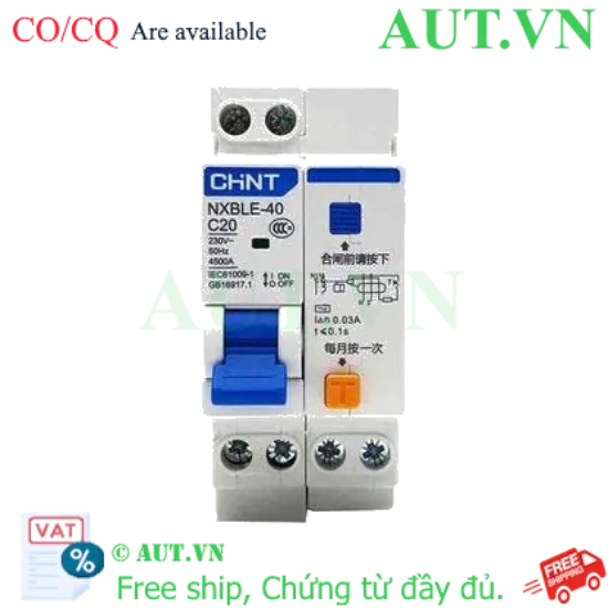 Ảnh của Áp tô mát chống giật (RCBO) CHINT NXBLE-40 1P+N C20 30mA 4.5kA 