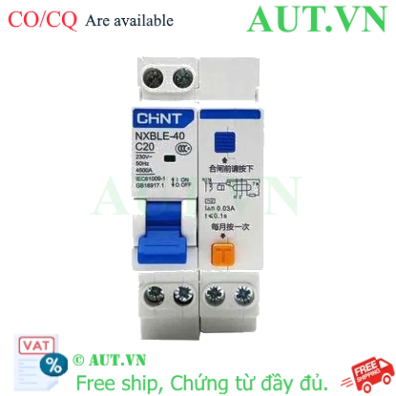 Ảnh của Áp tô mát chống giật (RCBO) CHINT NXBLE-40 1P+N C20 30mA 4.5kA 