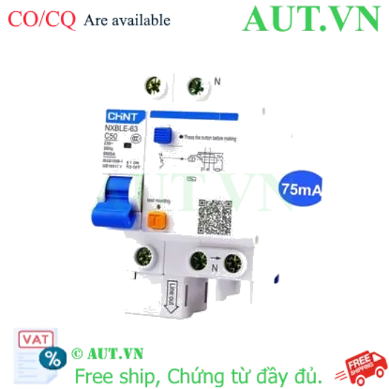 Ảnh của Cầu dao chống rò RCBO CHINT NXBLE-63 1P+N C50 75mA 6kA 