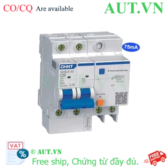Ảnh của Cầu dao chống rò RCBO CHINT NXBLE-63 2P C50 75mA 6kA 