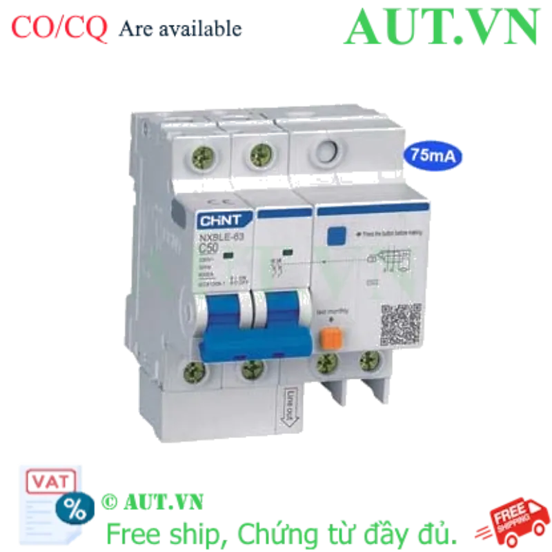 Ảnh của Cầu dao chống rò RCBO CHINT NXBLE-63 2P C50 75mA 6kA 