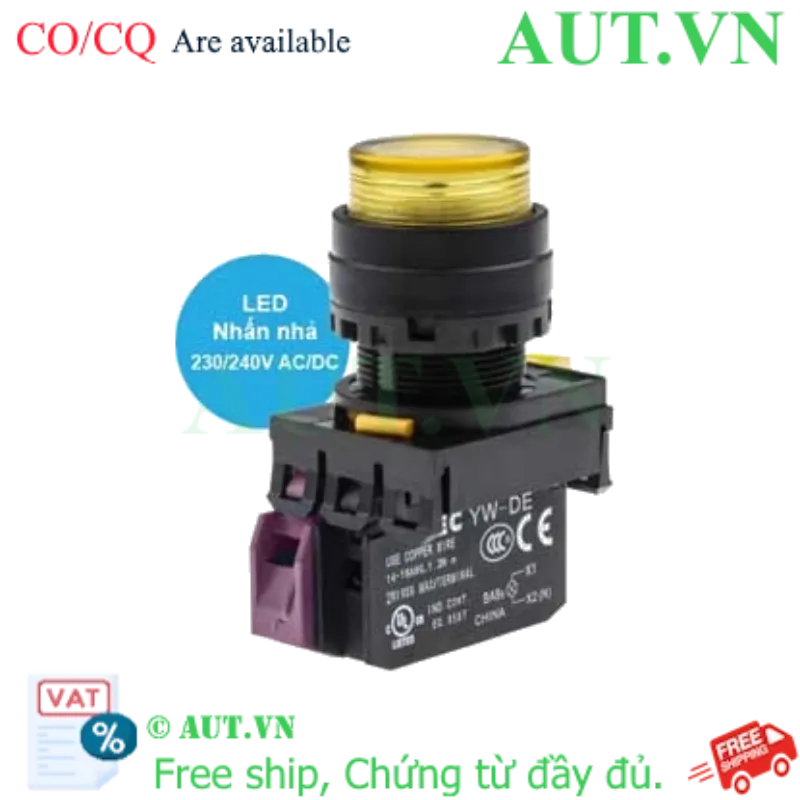 Ảnh của Nút Nhấn Nhả Có Đèn IDEC YW1L-M2E01QM3Y | 220VAC, 1NC, Phi 22mm (Vàng)