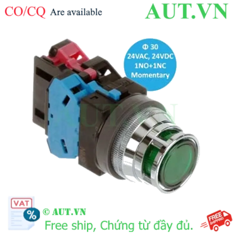 Ảnh của Nút Nhấn Nhả Có Đèn IDEC ALFN22211DNG, Ø30, Xanh Lá, Vành Kim Loại