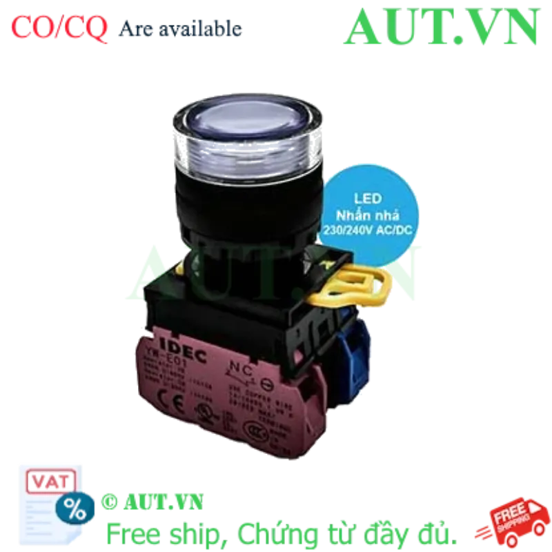 Ảnh của Nút nhấn nhả có đèn IDEC YW1L-MF2E11QM3W 220VAC D22 1NO+1NC (Trắng)