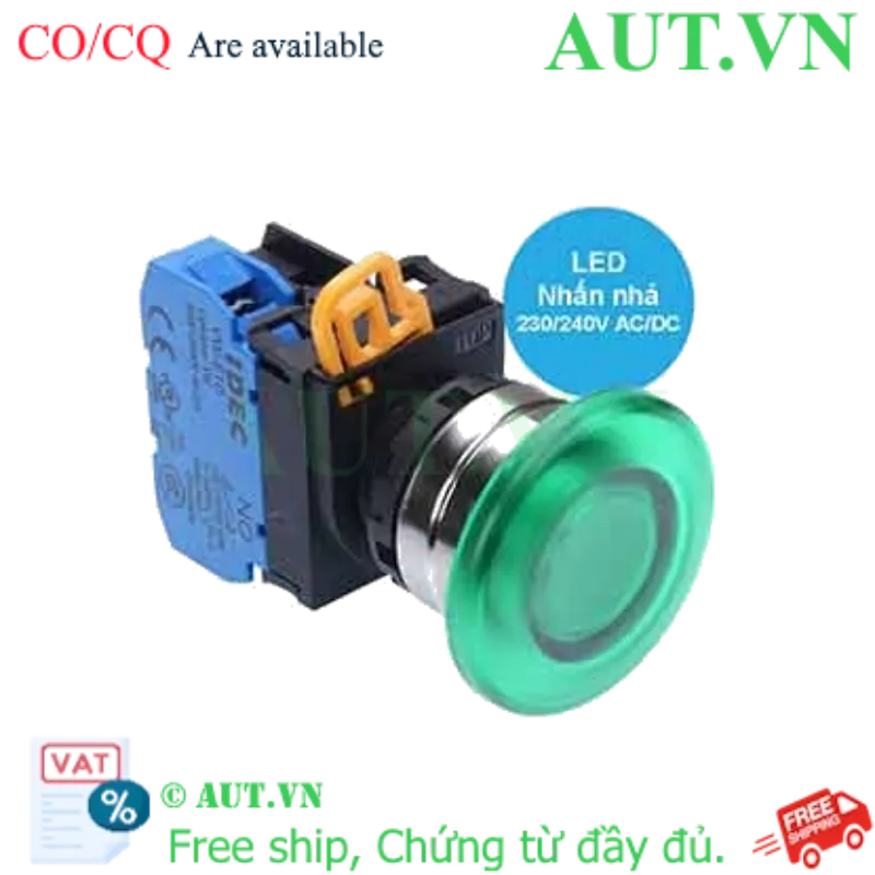 Ảnh của Nút nhấn nhả có đèn IDEC YW4L-M4E10QM3G 220VAC D22 1NO (Xanh)